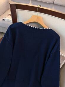 GlowEve CURVE Plus Size Elegant Beaded Round Neck Long Sleeve Cardigan - Navy Blue - View 7