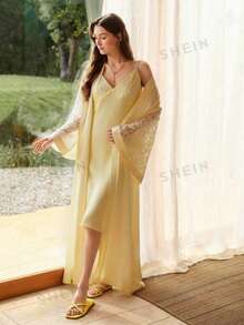 MOTF PREMIUM WOMEN'S CONTRAST LACE CAMISOLE SLEEP DRESS - Yellow - View 6