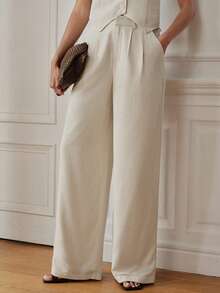 Anewsta Essential Women's Summer Linen Natural Color Straight Leg Casual Draped Old Money Style Long Pants - Apricot - View 7