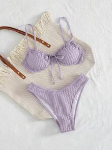 Swim Mod 新款女款 Coquette 可愛夏日海灘度假風兩件式比基尼套裝－掛脖抓皺上衣附前綁帶設計、可調節肩帶與高衩性感三角褲－純黃色波浪紋理面料－柔軟透氣輕盈快乾彈性材質－適合夏季度假、泳池派對、海灘假期、音樂節、母親節/婚禮假期、春假穿搭 - 紫色 - 查看 8