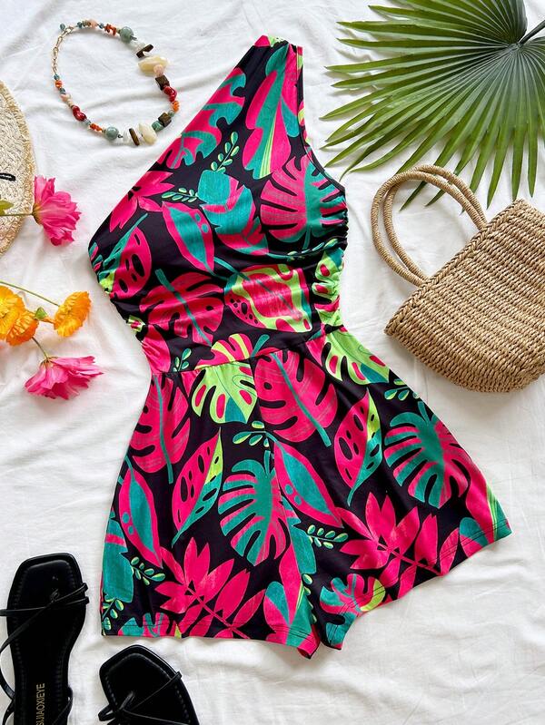 Soleia Plus Size Women's Summer Vacation Asymmetric Neck Ruched Tropical Plant Print Romper, Brunch, Mother's Day, Graduation, Church, Beach, Music Festival, Airport Outfit, Afternoon Tea,