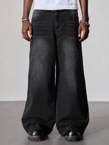 ROMWE MEN Jeans de corte holgado con patrón bordado para hombre - Negro - Ver 4