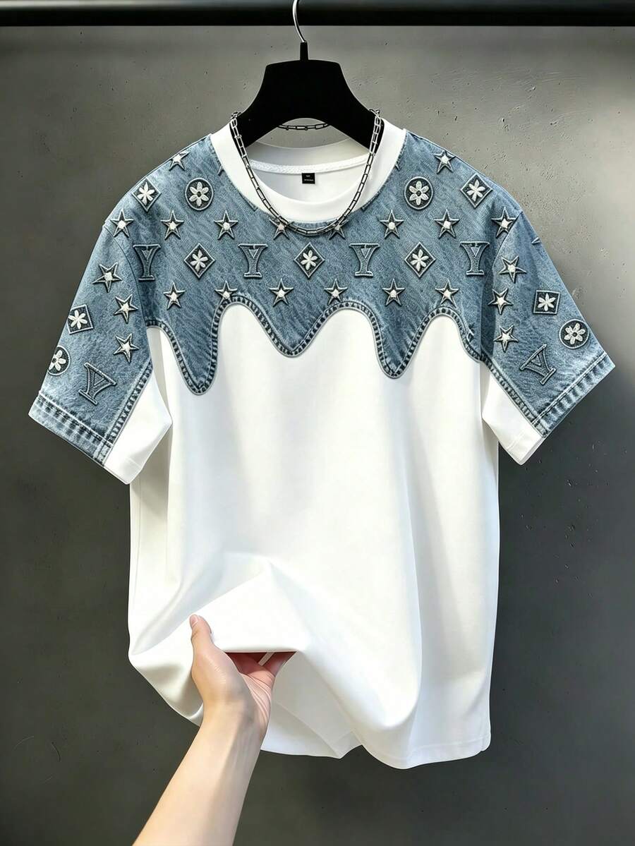 Manfinity Homme 休閒舒適大尺碼男士時尚百搭五角星印花圓領短袖T恤 - 彩色 - 查看 1