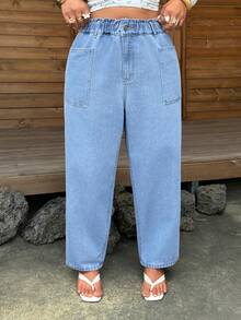 SHEIN Quần jean denim cạp chun co giãn phong cách thường ngày màu wash size lớn - Màu xanh lam - Xem 1