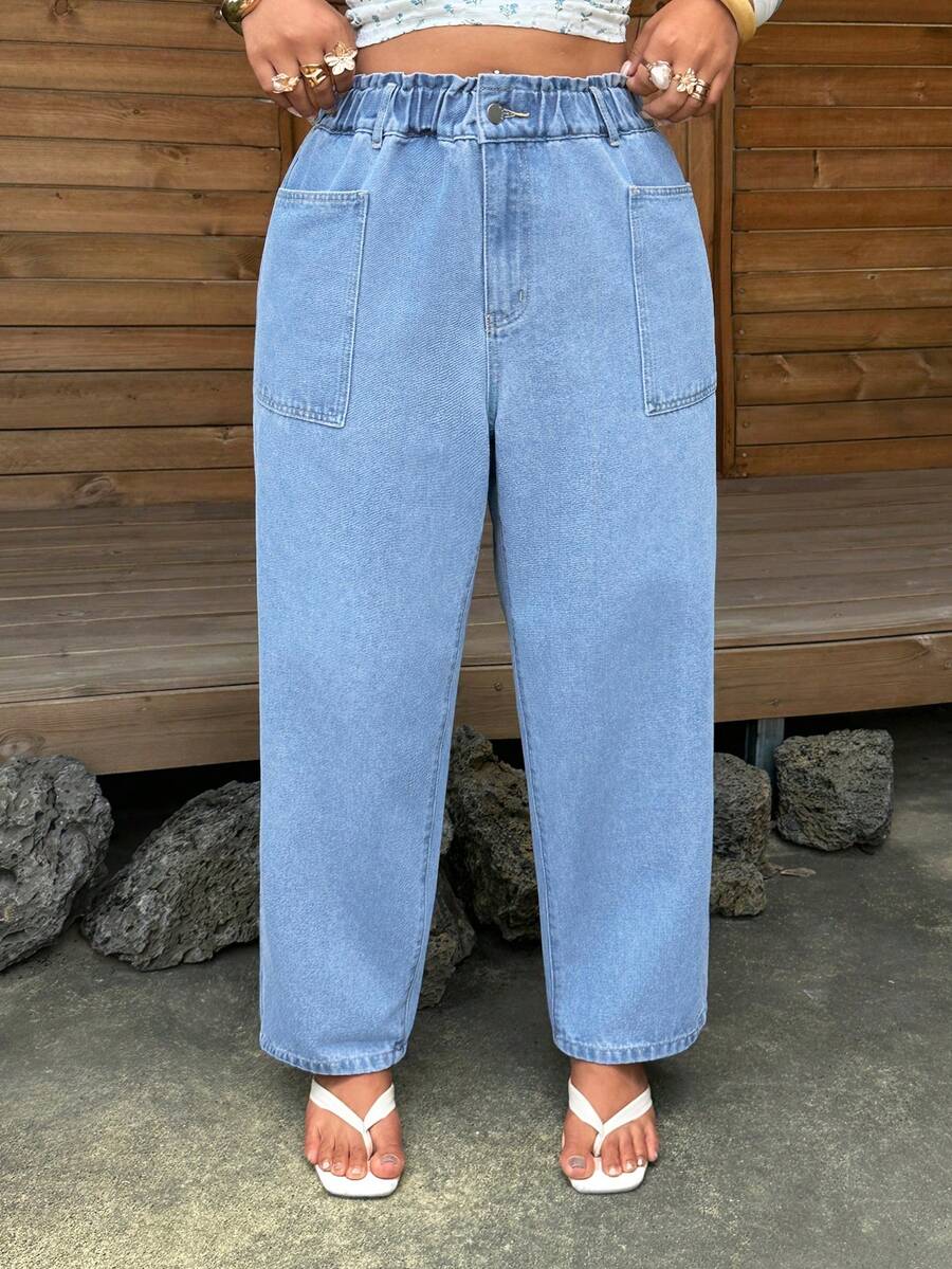SHEIN Quần jean denim cạp chun co giãn phong cách thường ngày màu wash size lớn - Màu xanh lam - Xem 1