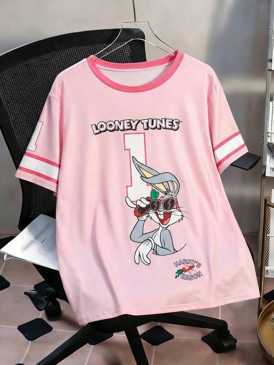 Flirla LOONEY TUNES X SHEIN 大尺碼女款圓領字母卡通印花休閒百搭日常短袖T恤 - 彩色 - 查看 1