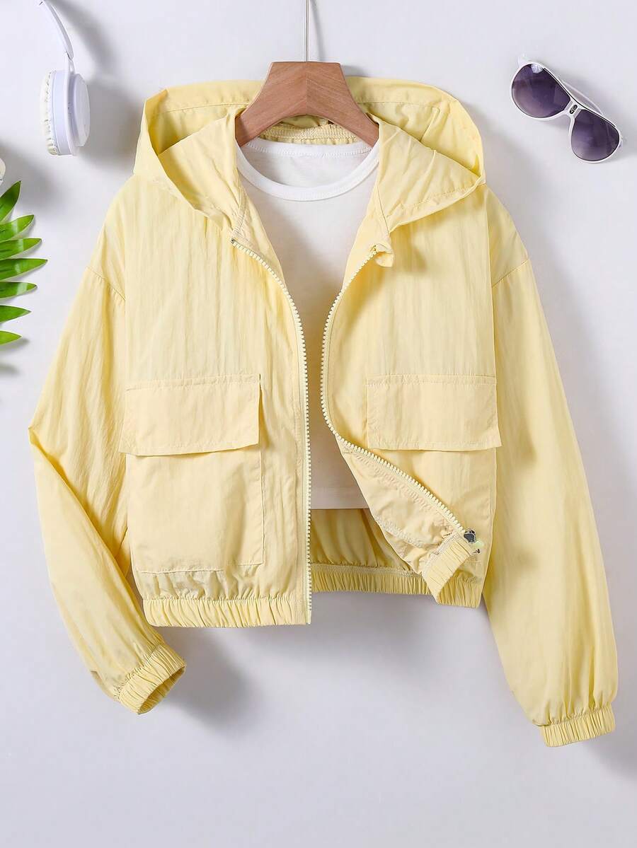 SHEIN Sparklyn 青少年女孩純色連帽拉鍊休閒百搭日常外套 - 黃色 - 查看 1