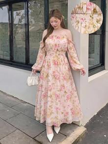 Bijouette 大尺碼甜美花卉印花梭織長袖度假洋裝 - 彩色 - 查看 4