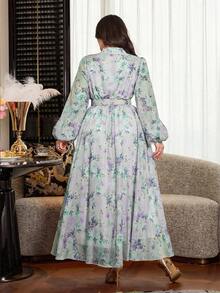 Modelyn 大码女式印花褶皱腰身优雅派对连衣裙 - 藍色 - 查看 2