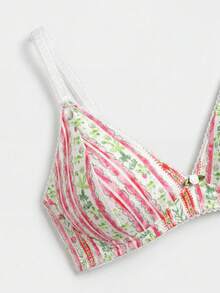 lacRébo Conjunto de lencería vintage y lindo con sujetador triangular a rayas florales rosas y braga a juego con detalle de ribete de rosa - Multicolor - Ver 10