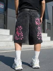 Manfinity Roghcode Men's Street Fashion Casual Embroidered Dark Gray Plus Size Denim Shorts - Dark Grey - View 8