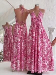 Linhara CURVE Böhmisches Blumen-Spaghetti-Träger-Rückenfrei-Bindekleid in Midi-Länge, fließendes Sommer-Urlaubskleid - Pink - Übersicht 2