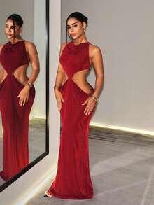 BamGleam Women's Solid Color Cowl Neck Waist Cutout Sexy Sleeveless Dress - Burgundy - View 3