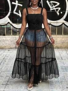 BamGleam Atasan Denim Patchwork Jala Kancing Streetwear Seksi Wanita - Hitam - View 4