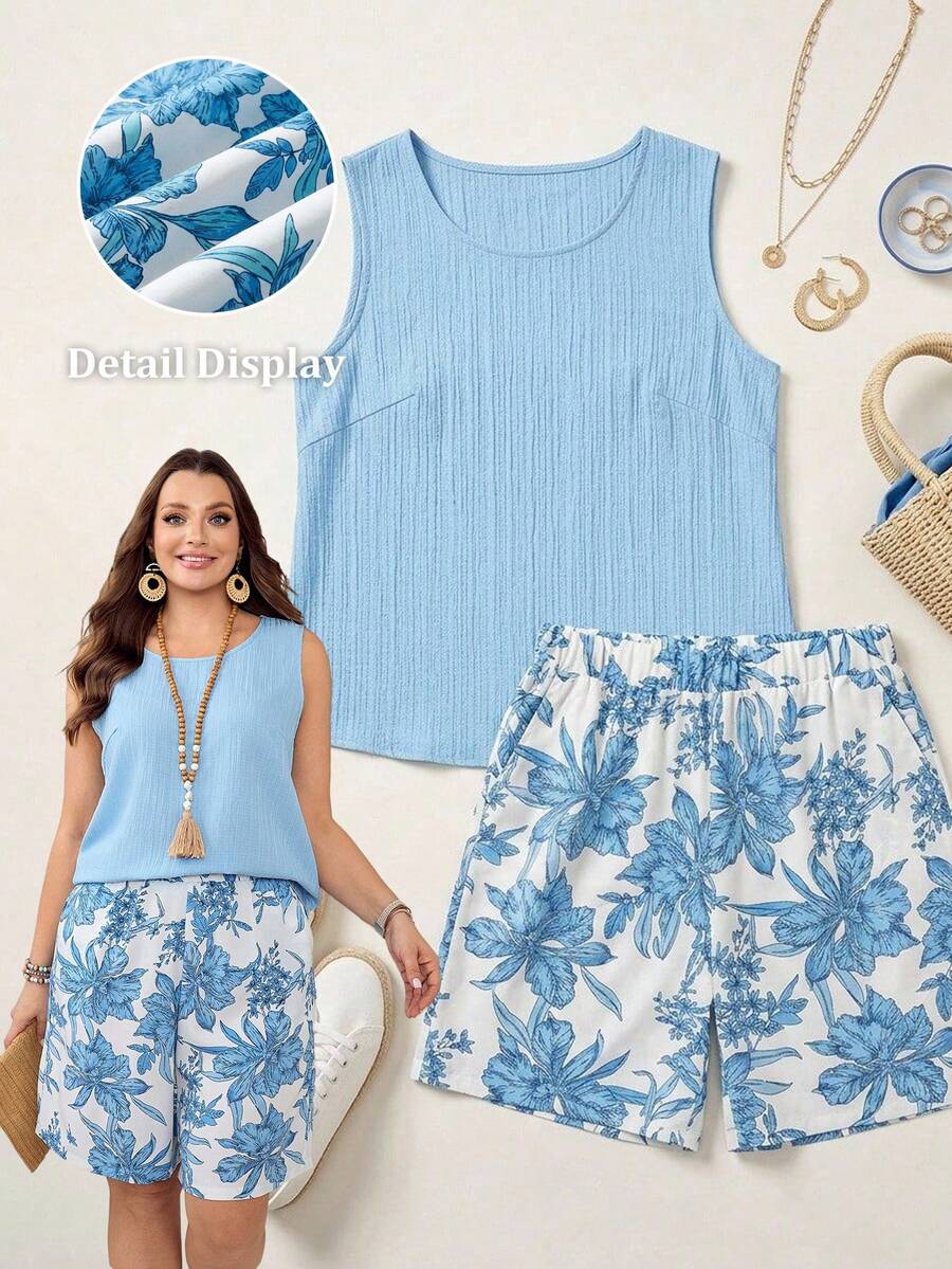 Rosumi Plus Size Women's Summer Beach Vacation Sleeveless Top And Floral Print Shorts 2-Piece Set