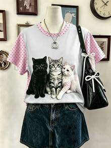 Lalippa Women's Polka Dot Colorblock Cat Graphic Casual Daily Summer Short Sleeve T-Shirt - Multicolor - View 1