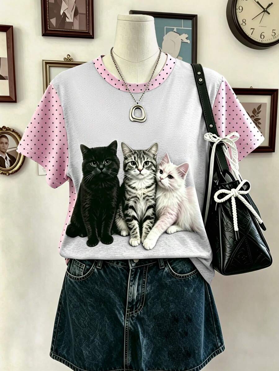 Lalippa Women's Polka Dot Colorblock Cat Graphic Casual Daily Summer Short Sleeve T-Shirt - Multicolor - View 1