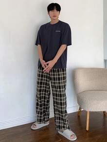 DAZY 男士夏季字母印花T恤和格子短裤两件套睡衣套装 - 藏蓝色 - 查看 9