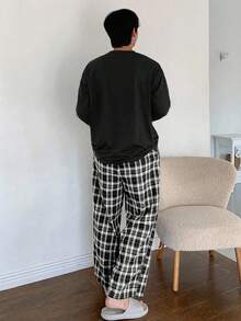 DAZY Set Piyama Kaos dan Celana Kotak-kotak Motif Huruf untuk Pria, Pakaian Musim Gugur dan Musim Dingin - Hitam - View 2