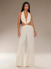 Normani Summer/Autumn Festival Party Prom Graduation Prom Casual Vacation Country Y2k Women's Solid Color Halter Tie Backless Metal Decor Daily Jumpsuit - Apricot - View 2