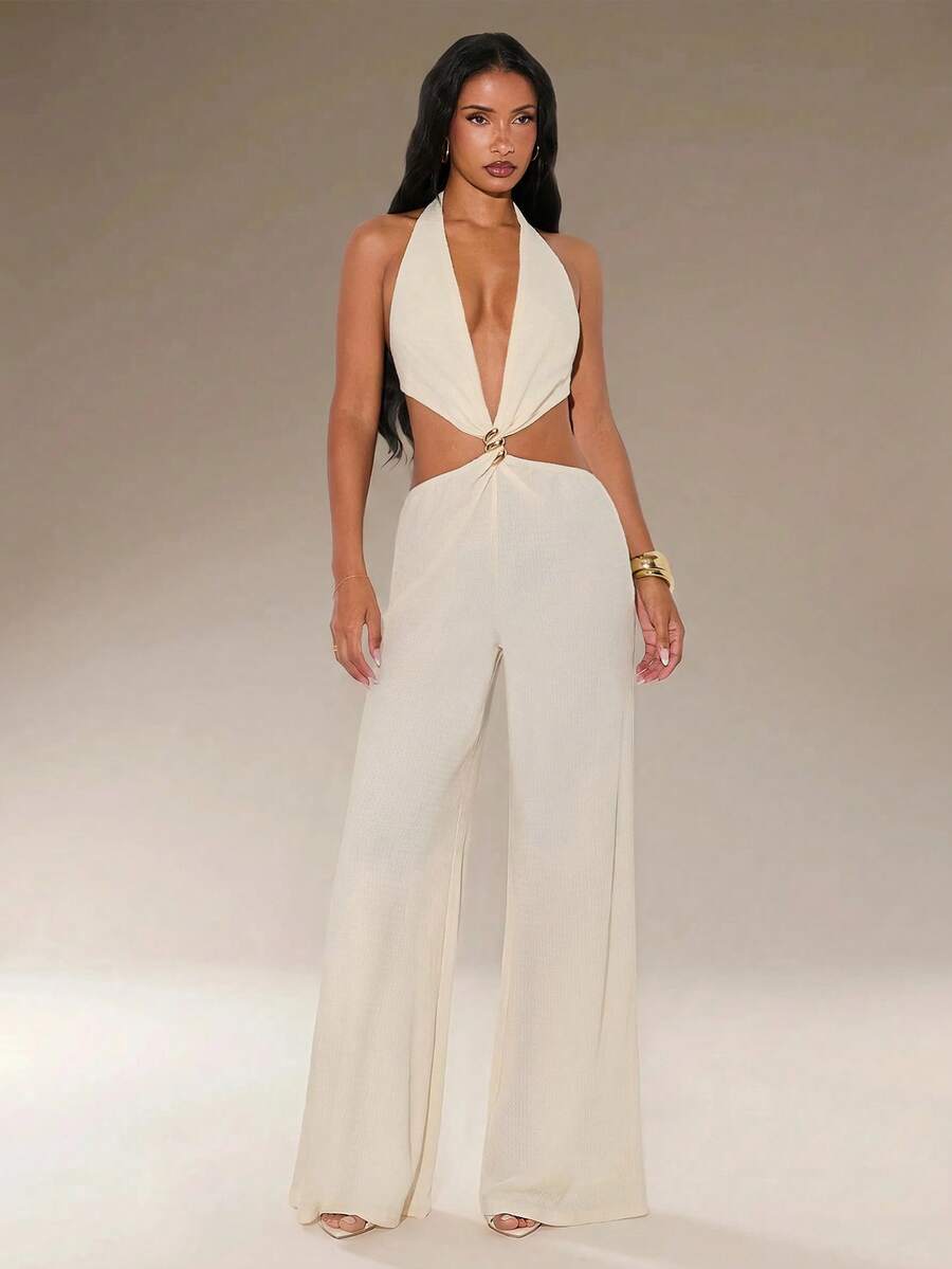 Normani Summer/Autumn Festival Party  Prom Graduation Prom Casual Vacation Country Y2k Women's Solid Color Halter Tie Backless Metal Decor Daily Jumpsuit