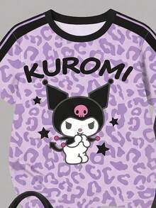 HELLO KITTY AND FRIENDS | SHEIN 青少年女孩紫色豹紋短袖T恤與側開喇叭褲2件套 - 紫色 - 查看 3