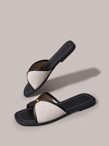 Styleloop Sandalias de punta cuadrada con combinación de colores retro para mujer, de lino, transpirables, estilo holgado, pantuflas de arrastre para vacaciones en verano - Negro - Ver 6