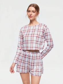 Bonmuse 2件套女士舒适圆领印花长袖睡衣套装，含松紧腰短裤 - 白色 - 查看 5