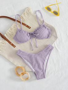 Swim Mod 新款女款 Coquette 可愛夏日海灘度假風兩件式比基尼套裝－掛脖抓皺上衣附前綁帶設計、可調節肩帶與高衩性感三角褲－純黃色波浪紋理面料－柔軟透氣輕盈快乾彈性材質－適合夏季度假、泳池派對、海灘假期、音樂節、母親節/婚禮假期、春假穿搭 - 紫色 - 查看 6