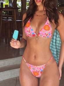 Swim Mod 2026 Spring/Summer Sweet Spicy Retro Triangle Bikini, Tie-Up Sexy High-End Minimalist Separates Swimwear For Small Bust Beach Pink - Multicolor - View 1