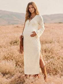Boho Mama Maternity Front Tie Textured Long Sleeve Side Slit Dress Fall - White - View 3