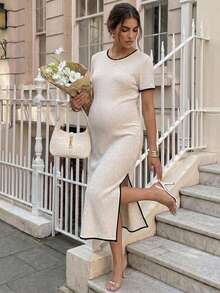 SHEIN Maternity Spring Summer Contrast Trim Split Dress Suitable For Beach Photoshoot Holiday Vacation Birthday Party Baby Shower Garden Street Casual Chic - Khaki - View 3