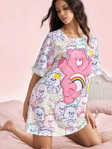 SHEIN X Care Bears 女款卡通印花圓領短袖睡裙 - 白色 - 查看 6
