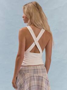 MUSERA Drapiertes Top mit Wasserfall-Ausschnitt und gekreuztem Rücken, gerafften Seiten, sommerlich, mädchenhaft, für Alltag und Party, Y2K, weich, für soziale Anlässe - Weiss - Übersicht 4