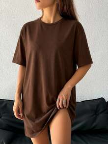 SHEIN EZwear 女款休閒寬鬆深棕色圓領短袖短洋裝，適合夏季 - 棕色 - 查看 4