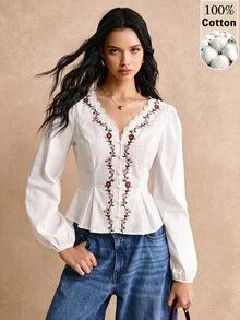 Poéselle 女款花卉刺繡對比蕾絲V領長袖襯衫 - 白色 - 查看 4