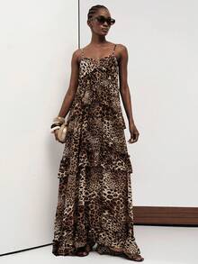 Aveloria Modichic European Style Brown Zebra Print Spaghetti Strap Dress Women Summer 2026 New Asymmetrical Ruffle Tiered For Vacation Night Out Sexy - Multicolor - View 6