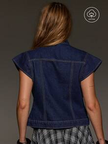 BAD SUNDAY Atasan Denim Wanita Pas Badan dengan Lengan Pendek Asimetris dan Lengan Bergelombang Kecil, Serbaguna untuk Perjalanan Jalanan, Gaya Retro Y2K, Biru Tua, Musim Panas - Biru - View 5