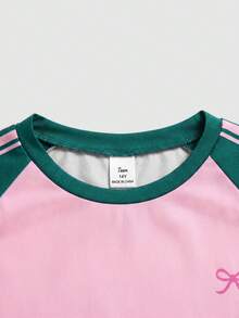 SHEIN 青少年女孩 2件/套 灰色針織休閒寬鬆版型美式英文標語印花圓領短袖T恤與印花短褲，適合夏季、街頭運動 - 彩色 - 查看 3