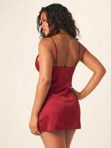 MISSGUIDED Satin Mini Sleep Dress With Delicate Lace Trim Deep V Neck Lingerie Nightgown Intimate Sleepwear - Red - View 2