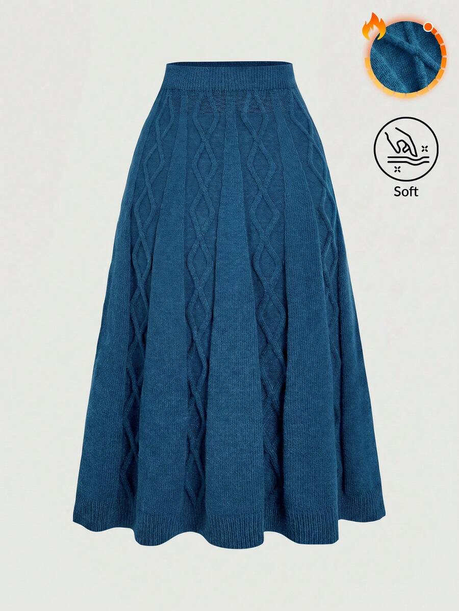 SHEIN MOD تنورة محبوكة متعددة الاستخدامات بخصر عالي وتصميم كابل بلون القهوة لفصل الخريف/الشتاء - ازرق مخضر - مشاهدة 1