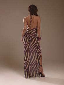 MUSERA Brown Zebra Print Mesh Halterneck Cut Out Maxi Dress Summer Holiday Ibiza Festival Zarina Vacation Sexy Boho Party Club - Multicolor - View 4