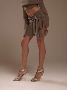 Musera Sport Grey Low Rise Draped Tie Front Ring Detail Ruffled Ruched Mini Skirt - Light Grey - View 4
