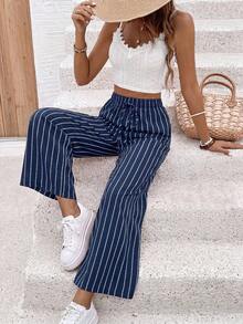 SHEIN Frenchy 女款條紋直筒休閒長褲附腰部綁帶 - 彩色 - 查看 4