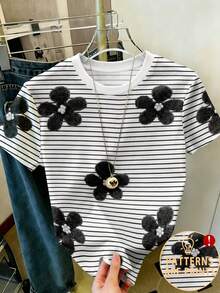 Elenzga Plus Size White Black Horizontal Stripe Fuzzy Floral Print Crew Neck Short Sleeve Casual Basic T Shirt Women Summer - Multicolor - View 3