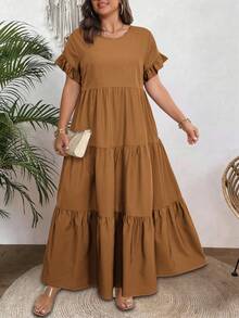 Vionelle Gaun Wanita Ukuran Besar Gaya Prancis Kasual Elegan Longgar Leher Bulat Lengan Pendek - Rust Brown - View 3