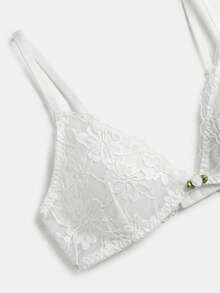 lacRébo White Floral Lace Lingerie Set With Triangle Bra And Matching Brief With Flower Trim Detail Romantic - White - View 9