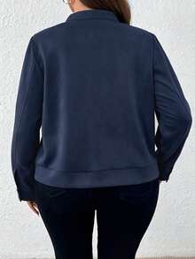 SHEIN Tall 秋冬休閒寬鬆版型胸前口袋立領拉鍊長袖大尺碼女款夾克 - 藏蓝色 - 查看 2