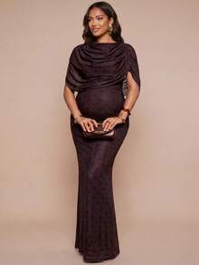 MaterniChic Elegant Polka Dot Print Fitted Maternity Dress - Mocha Brown - View 10