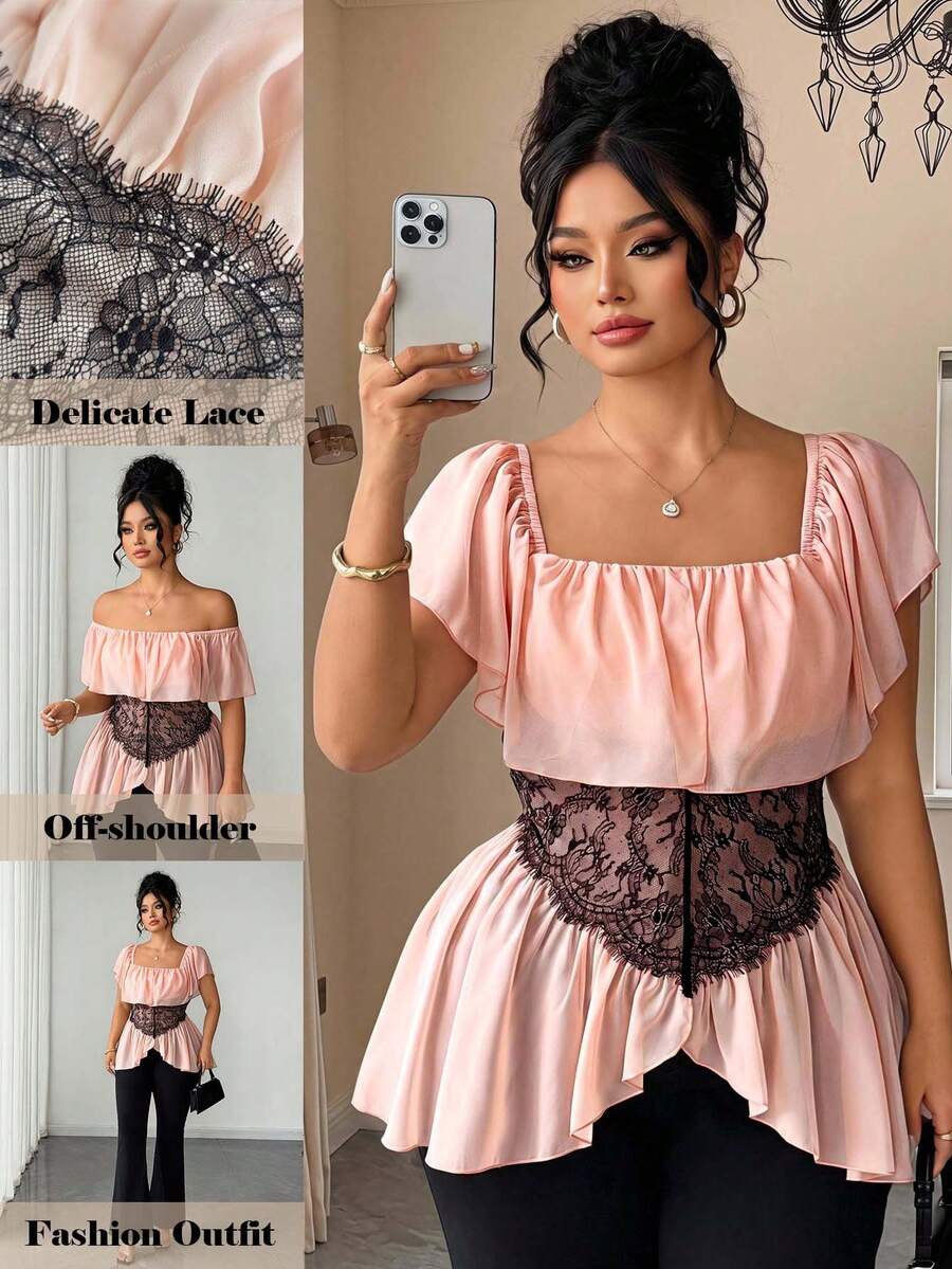 SHEIN Clasi Women's Ruffle Ruffle Lace Patchwork Asymmetrical Hem Chiffon Flowy Blouse For Vacation, Date Going Out And Party Red Summer Elegant Celestial - Dusty Pink - View 1